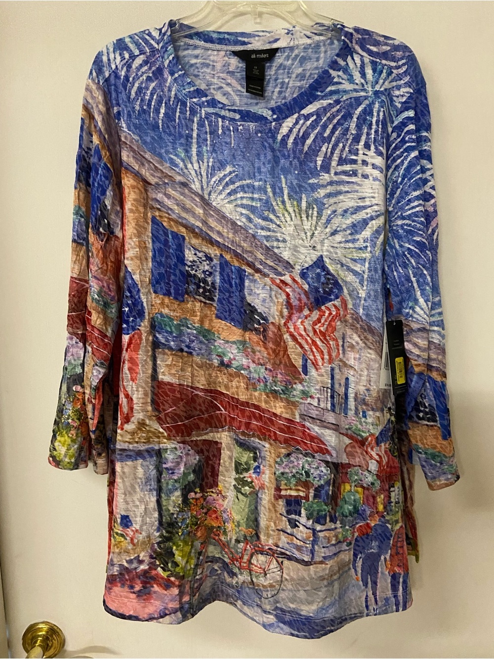 NWT Ali Miles Fireworks Tunic Blouse Top American Flag USA Patriotic Crinkle 2XL